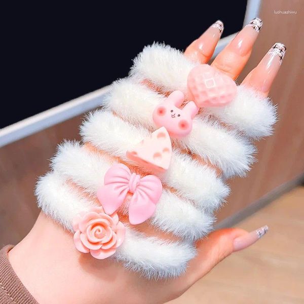 Saç Aksesuarları Sonbahar Kış Peluş Pembe Yay Çiçeği Kız İçin Yüksek Elastik Bant Sevimli Kawaii Tatlı Peri At kuyruğu Kauçuk Bağlar Moda