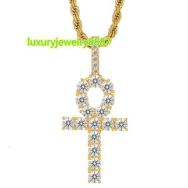 Ожерелье с крестом из стерлингового серебра 925 пробы с ледяным муассанитом и бриллиантами, паве Ankh Key