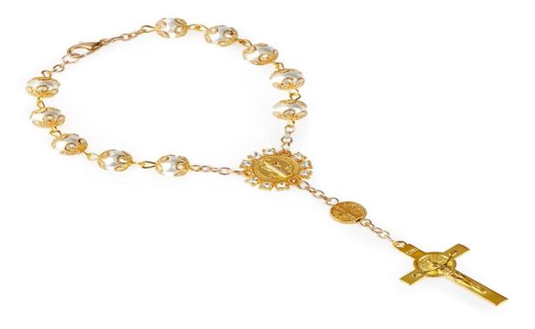 Gold Silber Farbe Katholischer Rosenkranz Armband Tasche Auto Auto INRI Anhänger St. Benedikt Charms Perlen, Strands1846858