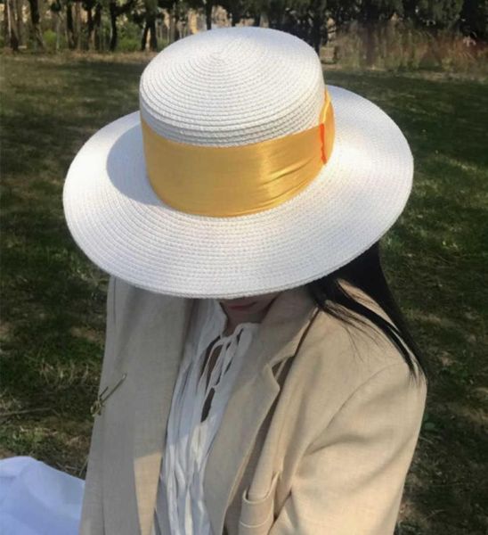 Weißer Damen-Strohhut mit großem Band, Fedora mit breiter Krempe, Damenkleid, Derby-Strohhut, Sonnenhut, Sommer-Strandkappe, Matrosen-Trilby-Kappe 24419560