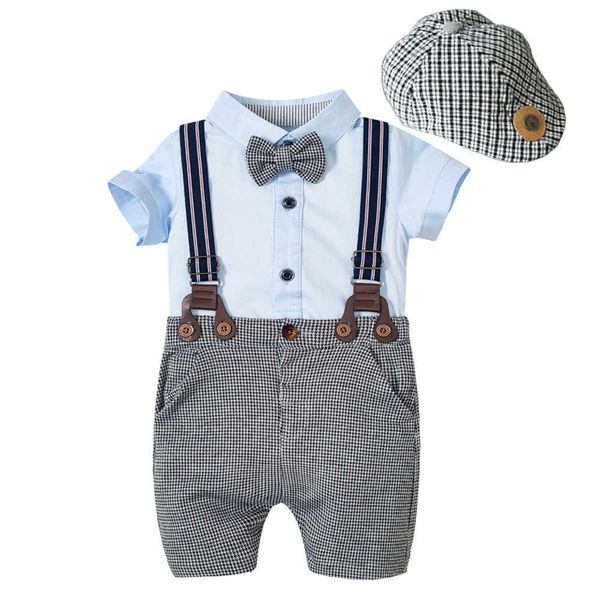 Conjuntos de roupas Roupas de bebê nascidos meninos macacão terno xadrez copo adicionar céu azul shorts cinto algodão verão menino kb8067 g1023 gota entrega garoto otytn