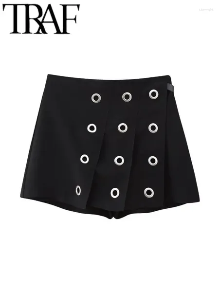 Shorts femininos y2k assimétrico preto mulheres saias plissadas ilhós zíper cintura alta skorts feminino calças curtas 2023 outono