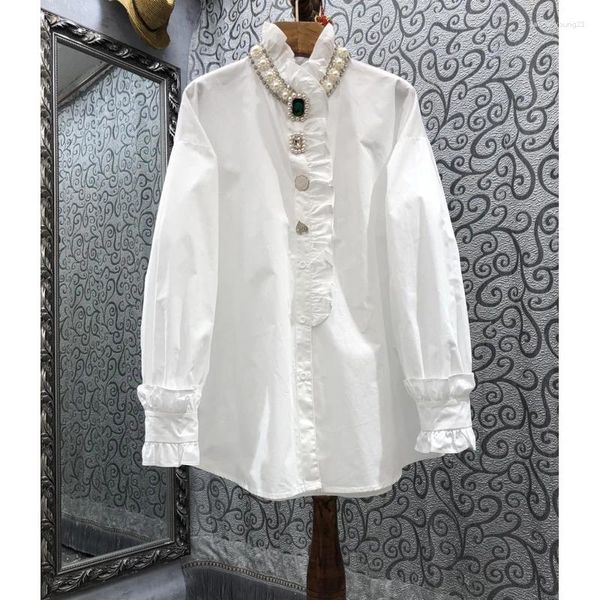 Женские блузки, белые женские рубашки с бисером, летний дизайн 2023, оборки с длинными рукавами и жемчугом, элегантные офисные женские верхняя одежда, топы
