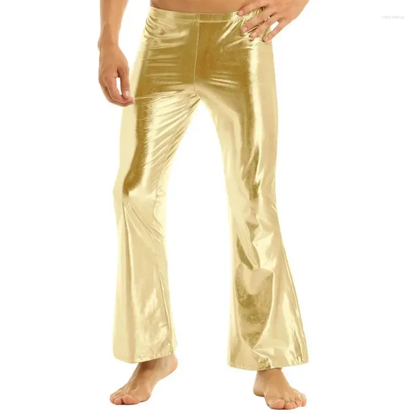 Calças masculinas Adulto Mens Stage Performance Calças Brilhantes Disco Metálico com Bell Bottom Flared Long Dude Costume