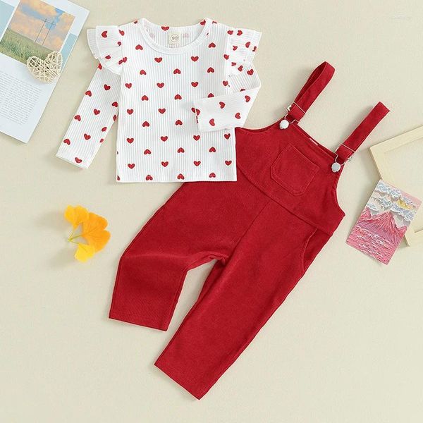 Kleidung Sets Baby Girls Clothes Säugling Jumpsuit Jeans Overalls mit Langarm Herzdruck Strampler Top Valentinstag Outfit