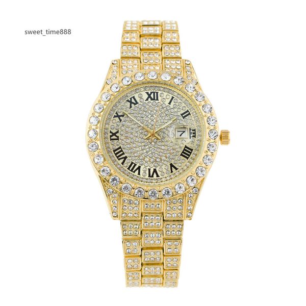 Neue Full Sky Star Stahlband Moissanit UhrDiamond Set Hip Hop Herrenuhr Wasser Diamant Römisches Muster Kalender Quarz Damenuhr