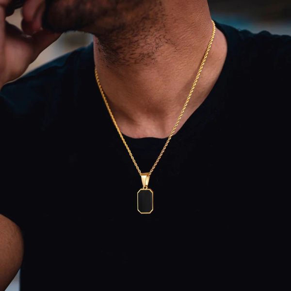 Eleganti collane quadrate geometriche da uomo in oro giallo 14k, pendente rettangolare in smalto nero con gioielli regalo con colletto a catena in corda