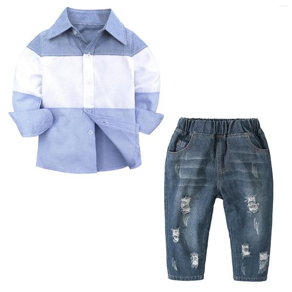 Set di abbigliamento Bambino bambino Primavera Abbigliamento casual Camicia a maniche lunghe con colletto Abito di jeans Abito e pantaloni strappati tinta unita