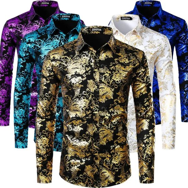 Camicia firmata da uomo Luxury Paisley Flower Gold Shining Print Shirt Camisas Fashion Ultra sottile manica lunga Party Ball Dress Abbigliamento da uomo 231211