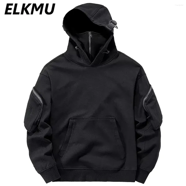 Hoodies masculinos streetwear harajuku y2k hip hop sweatshirts alta pescoço máscara à prova de vento pullovers preto escuro techwear carga topos