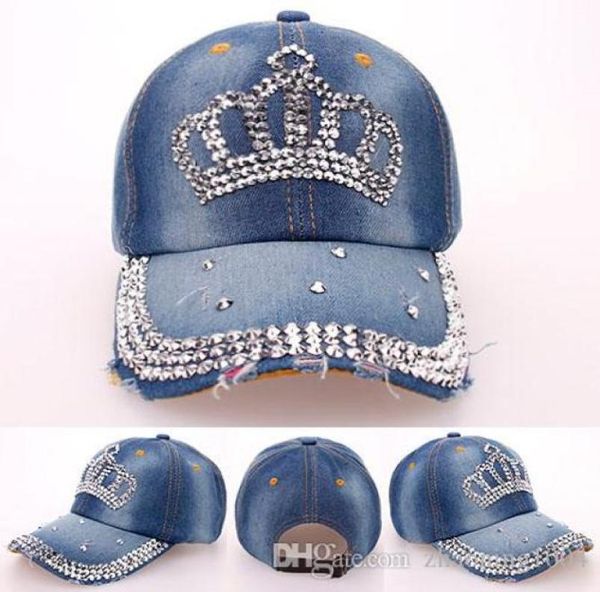 Moda coreano strass bling coroa bonés ajustável lavado denim bonés de beisebol feminino chapéus de cowboy fantasia verão headwear senhoras su4056751