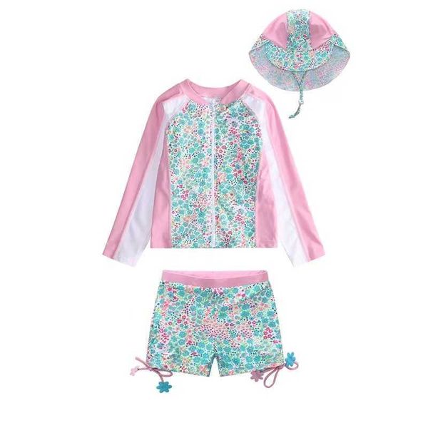 Шапочки для плавания, розовая шляпа от солнца с цветочным принтом, комплект из 3 предметов для девочек, детский костюм для малышей, детский костюм с длинными рукавами