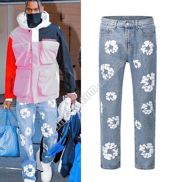 Pantaloni jeans con stampa intera a fiori Pantaloni lunghi jeans oversize Streetwear Pantaloni casual dritti da uomo e donna Pantaloni in denim Kapok gamba dritta vestibilità ampia da uomo donna bianco blu