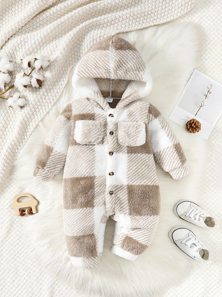 Pagliaccetti per neonato e bambina plaid pagliaccetto con cappuccio a maniche lunghe in peluche tuta invernale calda vestiti per 324 mesi bambino ragazzo 231211