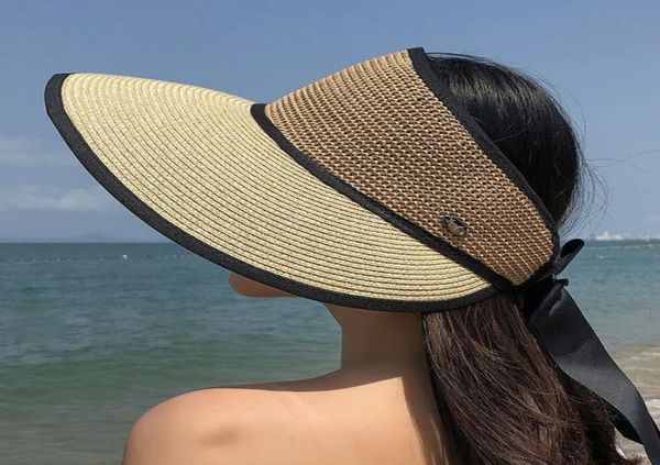 Модная женская летняя шляпа от солнца с большими широкими полями, складная складная шляпа с бантом, пляжный козырек, кепка для путешествий на открытом воздухе, пустая шляпа6130331