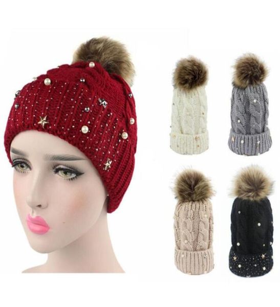 Wome Neue Top Gestrickte Skullies Hut Winter Curling Warme Perle Kappen Verdickung Häkeln Mützen Gorras 10 stücke viel8934240