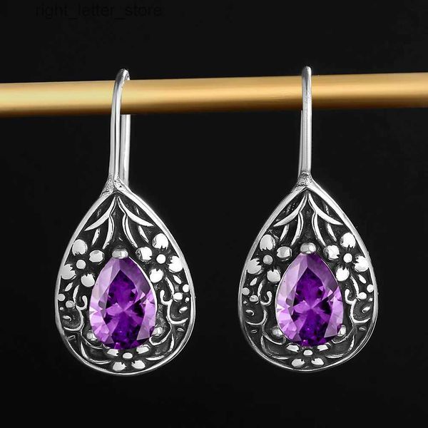 Stud Sterling Silver 925 Nova gota em forma de pêra retro brincos roxo zircão brincos balançar brincos jóias para mulheres yq231211