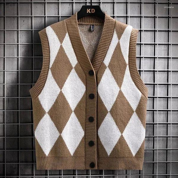 Männer Westen Mann Kleidung Weste Ärmellose Argyle Weste Gestrickte Pullover Für Männer Blau Plaid Y2k Vintage Langarm Sheap Sweat-shirt