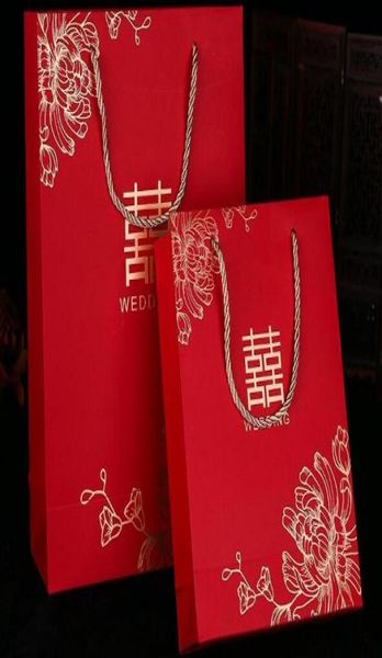 Sacchetti regalo di carta doppia felicità rossa in stile cinese da 100 pezzi per sacchetto di imballaggio per matrimoni con manico Bomboniere9890284