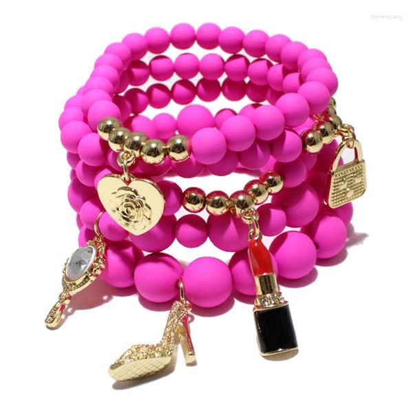 Braccialetti con ciondoli Multistrato acrilico con perline elasticizzate per le donne Borsa da festa della Boemia Braccialetti con ciondolo con rossetto Regalo di gioielli a mano