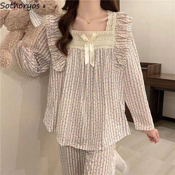 Mulheres sleepwear pijama conjuntos mulheres adorável listrado doce outono elegante senhoras lazer diário retro simples casa design chique estilo coreano macio