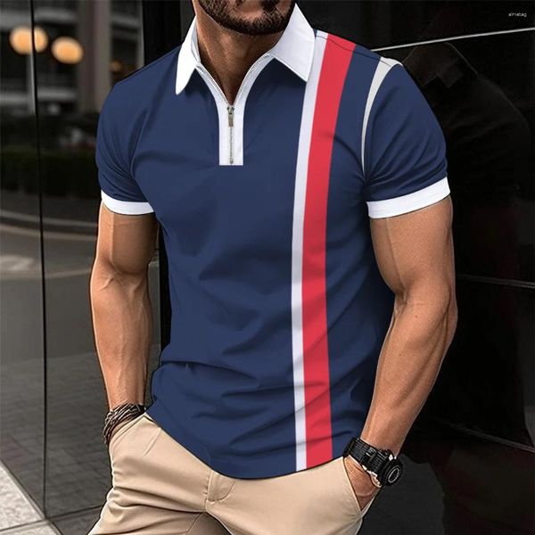 Herren Polos Sommer Mode Männer Kurzarm Poloshirt Spleißen Rot Streifen Druck Business Streetwear Casual Atmungsaktive Top S-XXXL