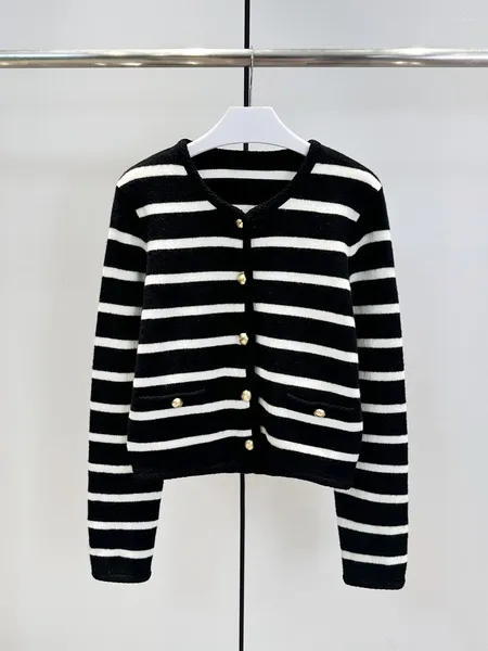 Женский трикотаж 2023, осенне-зимний черно-белый полосатый вязаный кардиган с круглым вырезом, куртка-кардиган