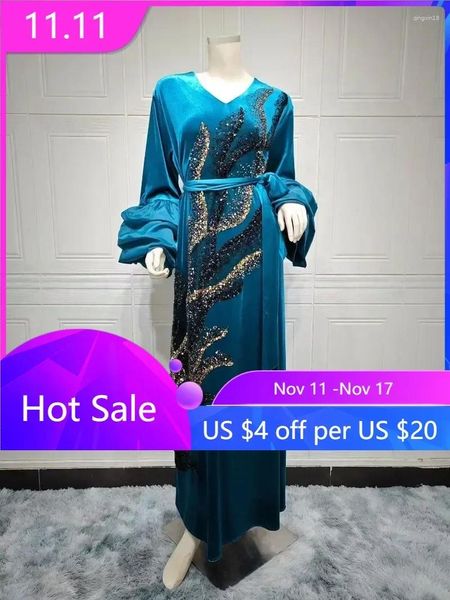 Abbigliamento etnico Abito in velluto Msulim Abaya per le donne Paillettes Maniche a sbuffo Abaya Marocco Party Maxi Abiti Caftano Arabo Abito lungo Autunno