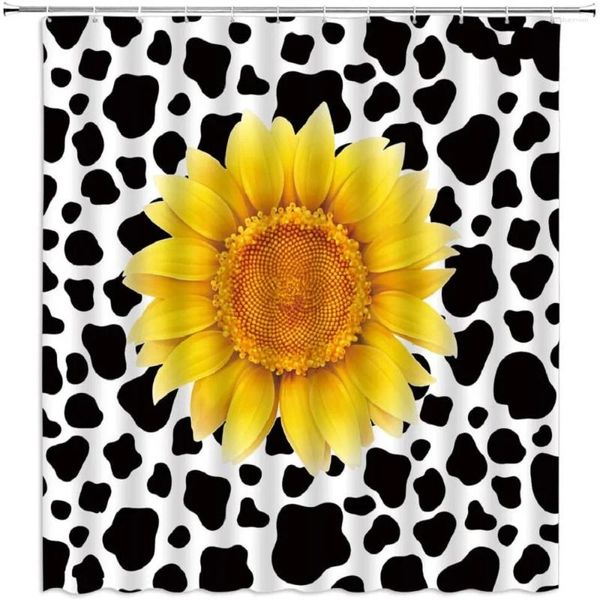 Tende da doccia Tenda alla moda Mucca bianca e nera Pelle di animale Modello di girasole giallo Decorazione del bagno Tessuto in poliestere