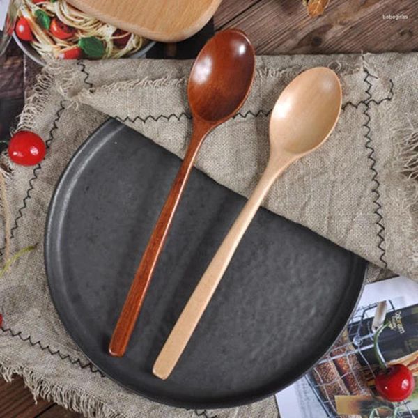 Cucchiai lunghi in legno con manico in legno naturale rotondo per cucinare la zuppa, agitatore per mescolare, stile coreano giapponese, per bambini, 9,2 pollici