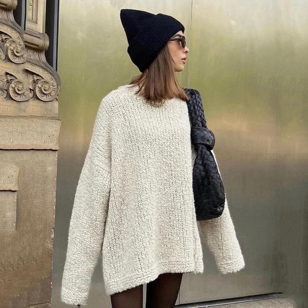 Kadın Sweaters Tembel Stil Büyük Boy Tığ İşareti Kadınlar için Uzun Kış Kışlı Beyaz Sıcak Haki Gri Kore Moda Beltlank Triko