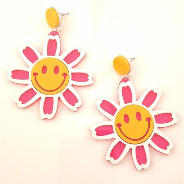 Neue süße Smiley-Blume, große baumelnde Ohrringe für Frauen in 3 Farben, klare Acryl-Ohrringe, Modeschmuck, Accessoires262q