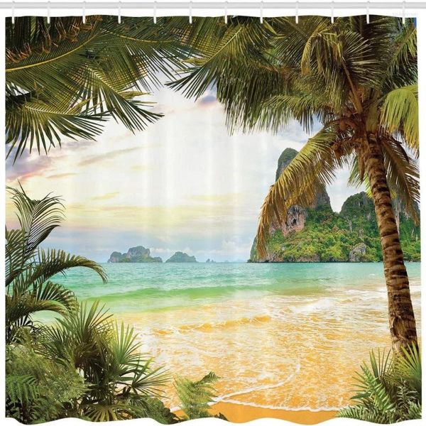 Cortinas de chuveiro oceano cortina coqueiros e ondas montanhas na ilha praia imagem pano tecido decoração do banheiro com ganchos