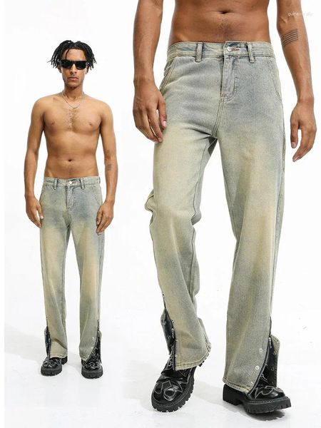 Jeans masculinos 2023 produto y2k americano amarelo lama lateral zíper design reto para homens e mulheres