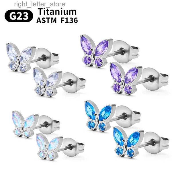 Saplama 2pcs G23 Titanyum Kelebek Saplama Küpe Küpe Çivisi Nazal Tırnak Labret Kristal Vücut Takı ASTM F136 YQ231211