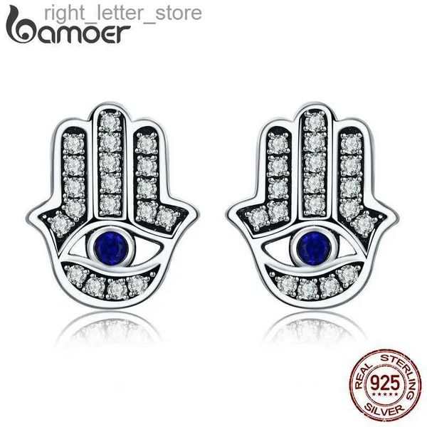 Stud BAMOER Trendy 925 Sterling Silver Fashion Hamsa Hand Clear CZ Orecchini a bottone per le donne Gioielli in argento sterling Regalo SCE389 YQ231211