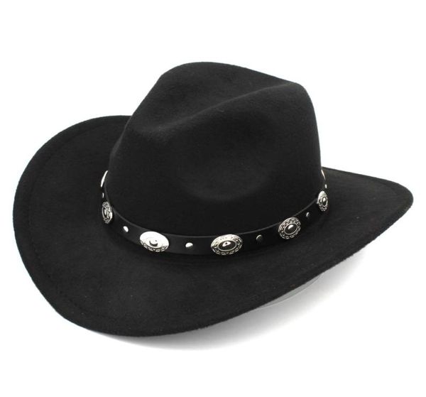 Chapéu de cowboy ocidental da moda feminina com aba enrolada de feltro Cowgirl Sombrero com cinto de couro cravejado 9249127