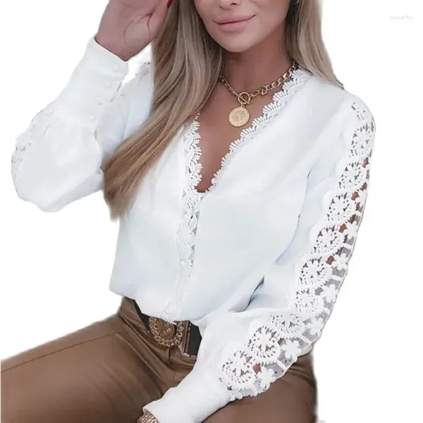 Frauen Blusen Herbst Mode Weiß Langarm V-ausschnitt Spitze Splice Hemd Elegante Frauen Aushöhlen Lose Büro Blusas De encaje