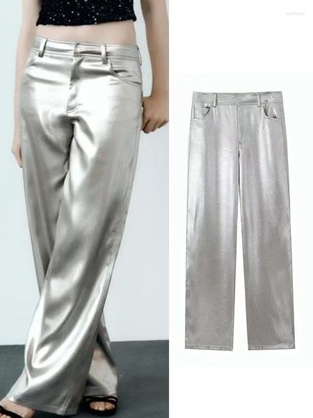Женские брюки, женские сексуальные широкие брюки металлического цвета, шикарные брюки с высокой талией, женские блестящие вечерние свободные длинные брюки на молнии