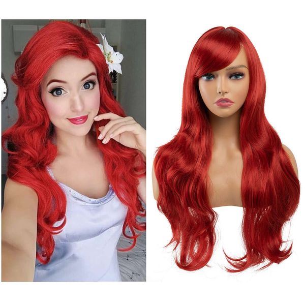 Parrucca Sirena Principessa Red Anime Pugno lungo Capelli Onda Fibra sintetica Cos Fascia per capelli