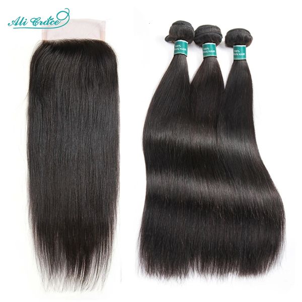 Parrucche sintetiche Ali Grace Fasci di capelli lisci con chiusura 4x4 Con bundle Tessuto brasiliano di capelli umani con chiusura in pizzo trasparente HD 231211