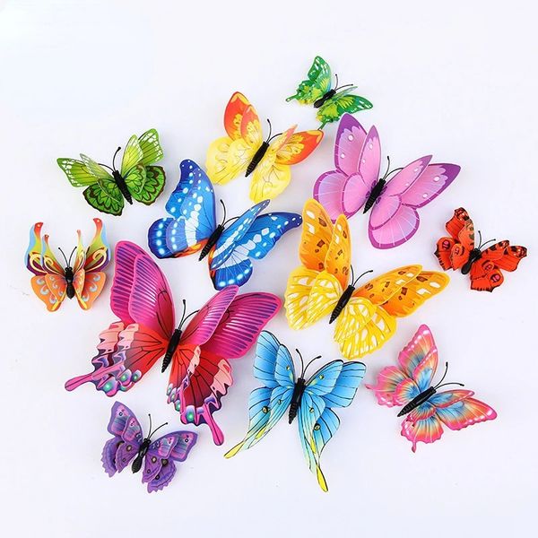 Adesivos de parede 12 pcs 3D dupla camada borboletas sala de estar decoração casamento crianças decoração diy arte ímã 231211