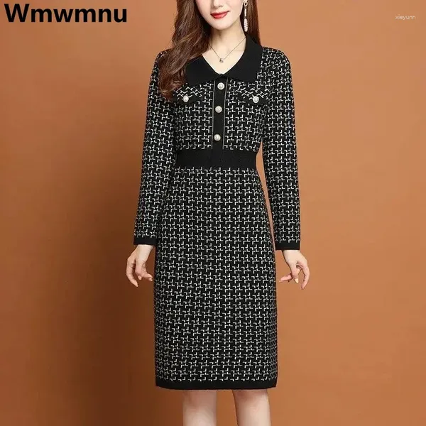 Vestidos casuais houndstooth vintage vestido de malha magro joelho-comprimento outono inverno bottoming camisola robe moda malhas vestidos mujer