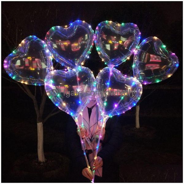 Украшение вечеринки Led Love Heart Star Shape Balloon Светящиеся воздушные шары Bobo с гирляндами 70 см Ночной светильник для свадебного декора Dhlj0