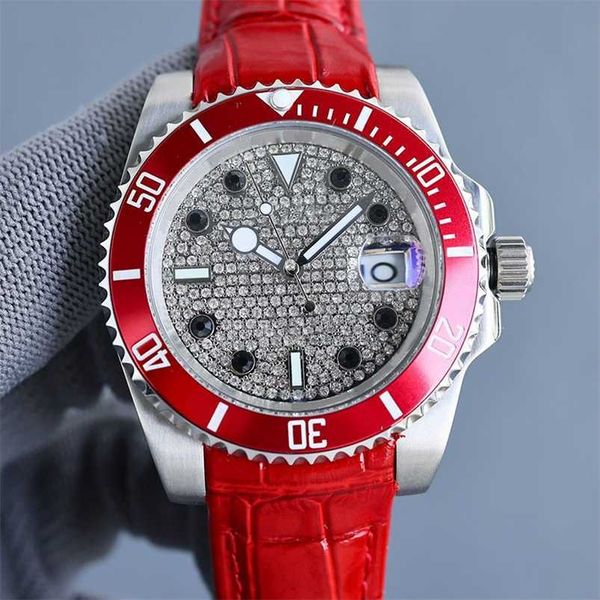 Roles Diamond Mens Watch Relógio Vermelho Relógios Mecânicos Automáticos Pulseira de Couro 40mm Relógio Designer Safira À Prova D 'Água Montre De Luxeqq