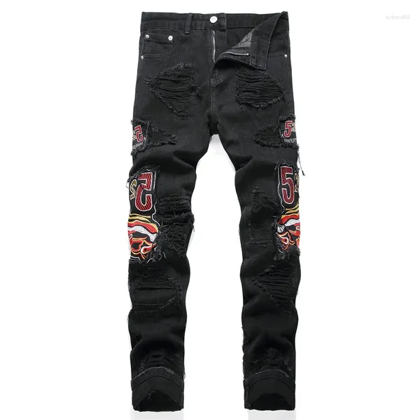 Herren Jeans Schwarz Destroyed Loch Einfaches Design Motorrad Hochwertige Jeanshose Herren Fortgeschrittene Bequeme Biker