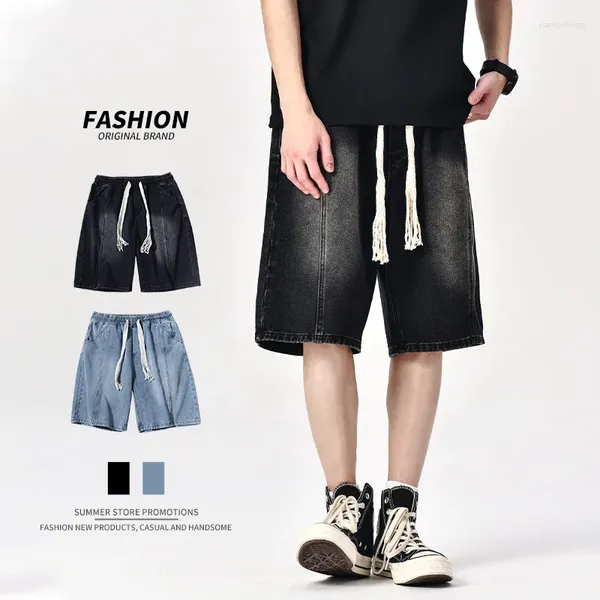 Herren Jeans Sommer Kordelzug Denim Shorts Schwarz Lose Gerade Elastische Taille Mode Streetwear Koreanische Trend Kurze