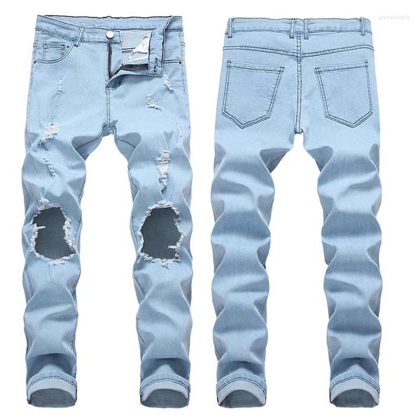 Мужские джинсы Джинсовые брюки Разрушенные европейские и американские брюки с рваными дырками, прямые, стандартного кроя, летние, большие размеры