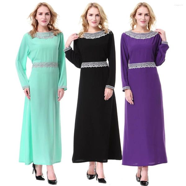 Abbigliamento etnico Donna Eid Abaya musulmano O Collo Dubai Caftano Tinta unita Applicazioni arabe Marocco Abiti Ramadan Splendido abito da festa Abaya