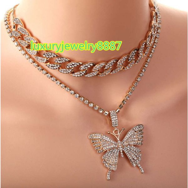 Heiße Neue Design Europäischen INS Halsketten Bling Strass Kristall Frauen Hüfte Hopfen Schmetterling Halskette Tennis Kette Schmuck Halskette